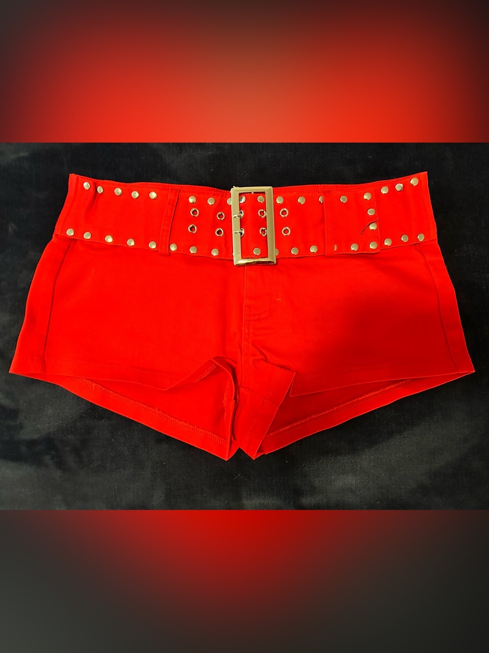 Edikted Red Studded High-Waist Belted Shorts